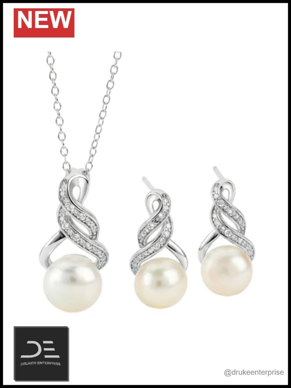 Real Diamond Sterling Silver Pearl Necklace & Earring Set Bridal Jewelry Gift